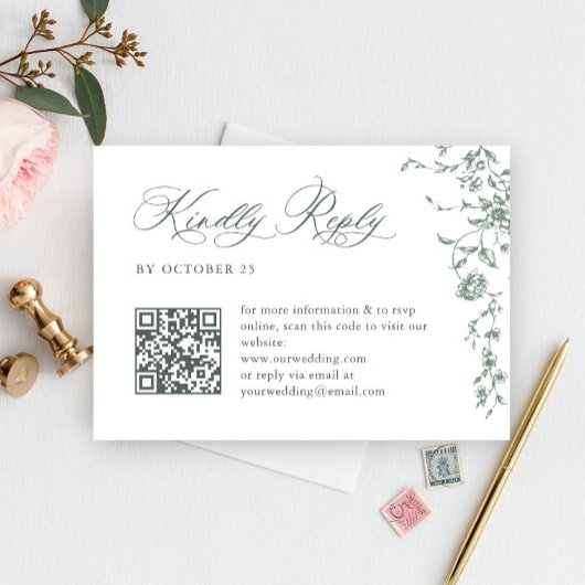 Victoriaans  Grace Floral Sage QR code Trouwen RSVP Kaartje