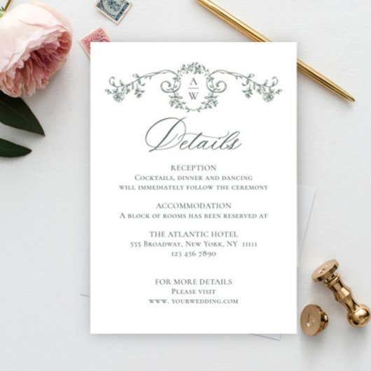 Victoriaans  Grace Floral Sage Wedding Details Informatiekaartje