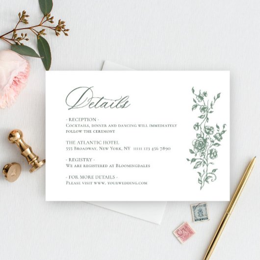 Victoriaans  Grace Floral Sage Wedding Details Informatiekaartje