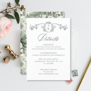 Victoriaans  Grace Floral Sage Wedding Details Informatiekaartje