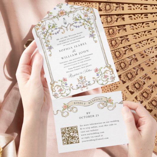 Victoriaans Grace Floral Wedding QR-code All In One Uitnodiging