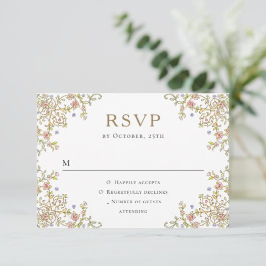 Victoriaans  Grace Floral Wedding RSVP Kaartje (Staand voorkant)
