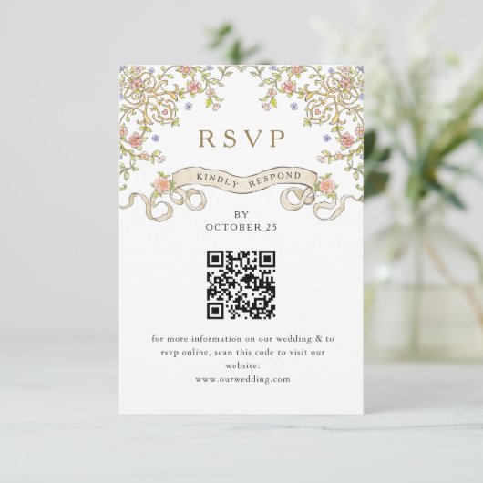 Victoriaans  Grace Floral Wedding RSVP QR-code Kaartje (Staand voorkant)