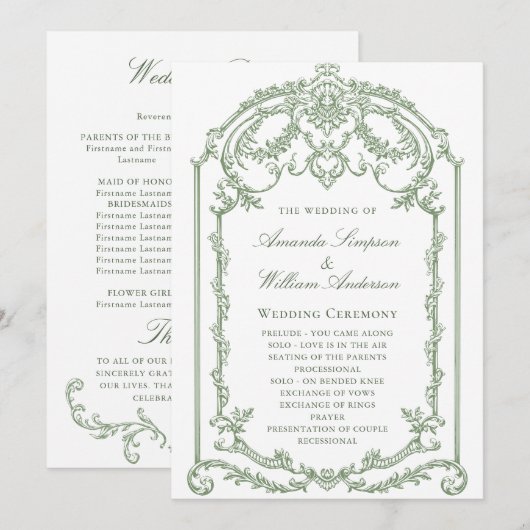 Victoriaans  Grace Sage Green bruiloft ceremonie Programmakaart (Voorkant / Achterkant)