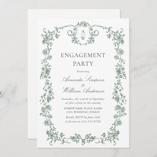 Victoriaans  Grace Sage Green ENGAGEMENT PARTY Kaart (Voorkant / Achterkant)