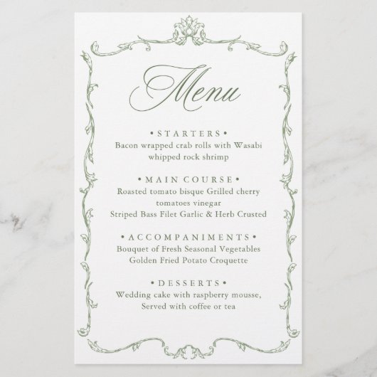 Victoriaans Grace Sage Green Wedding Menu (Voorkant)