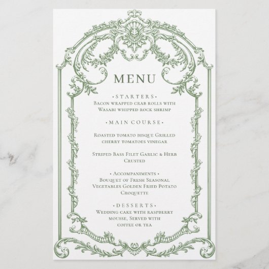 Victoriaans  Grace Sage Green Wedding Menu (Voorkant)