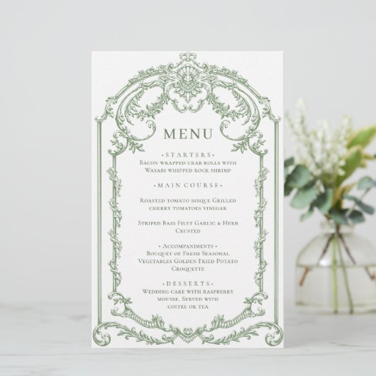 Victoriaans  Grace Sage Green Wedding Menu (Staand voorkant)