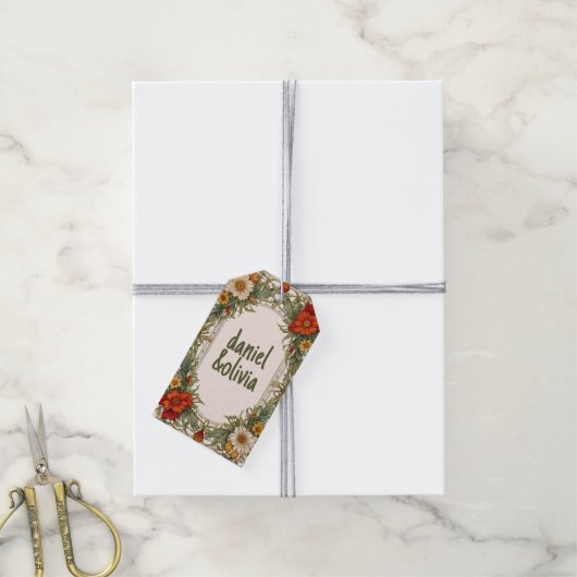 Victoriaans  grens met Wildflower Wedding Cadeaulabel (Met Touw)