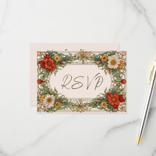 Victoriaans  grens met Wildflower Wedding RSVP Kaartje (Voorkant / Achterkant in situ)