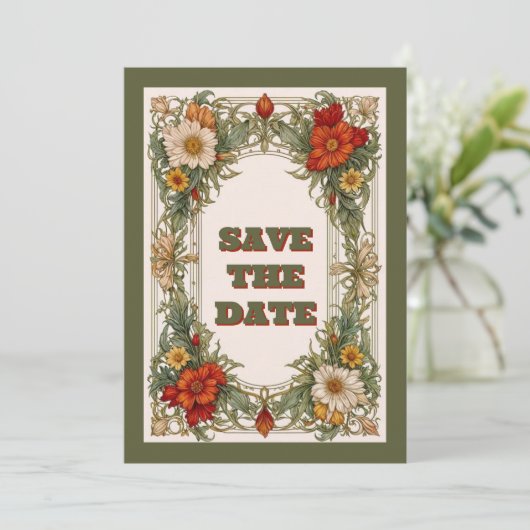 Victoriaans  grens met Wildflower Wedding Save The Date (Staand voorkant)