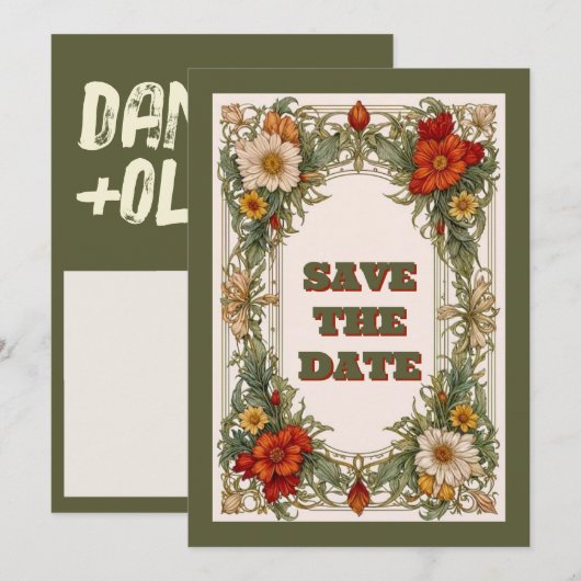 Victoriaans  grens met Wildflower Wedding Save The Date (Voorkant / Achterkant)