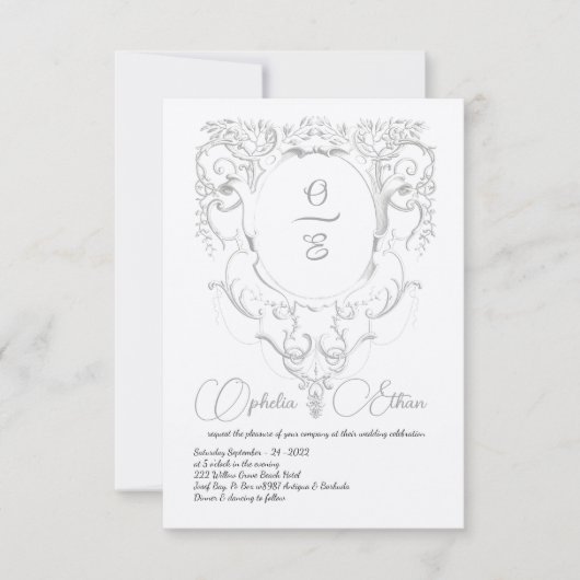 Victoriaans Grijs Monogram crest bruiloft Kaart (Voorkant)