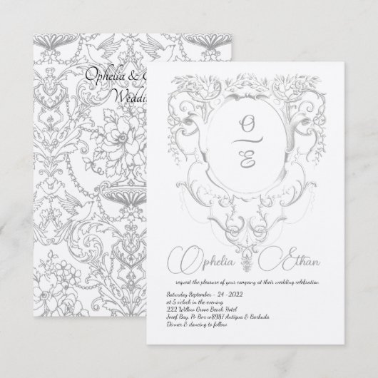 Victoriaans Grijs Monogram crest bruiloft Kaart (Voorkant / Achterkant)