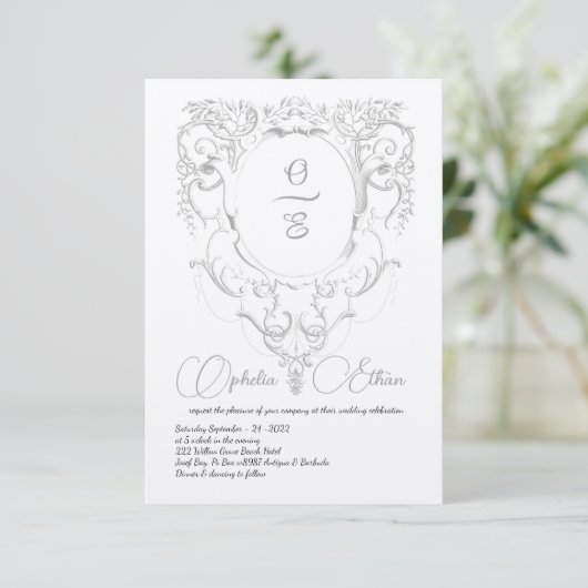 Victoriaans Grijs Monogram crest bruiloft Kaart (Staand voorkant)