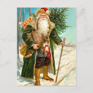 Victoriaans Groen Fluweel Kerstman Feestdagenkaart