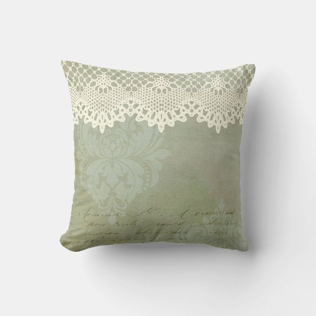  Victoriaans groen vervaagd Damask Faux Lace Kussen (Voorkant)