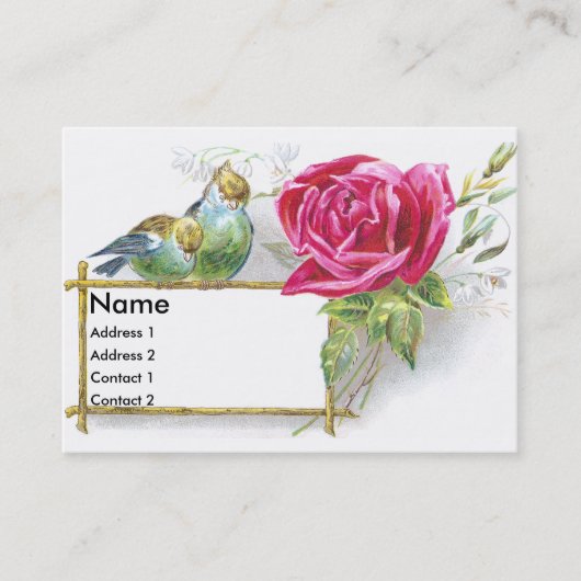 Victoriaans handelskaart voor vogels en roze rozen visitekaartje (Voorkant)