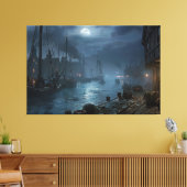 Victoriaans haven bij nacht: Vissen Village Canvas Afdruk (Insitu (Woonkamer))