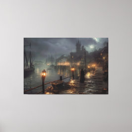 Victoriaans haven bij nacht: Vissen Village Canvas Afdruk