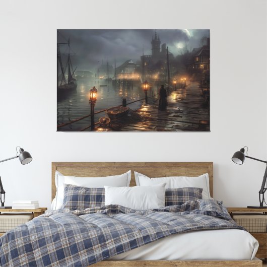 Victoriaans haven bij nacht: Vissen Village Canvas Afdruk (Insitu (Slaapkamer))