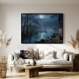 Victoriaans haven bij nacht: Vissen Village Poster