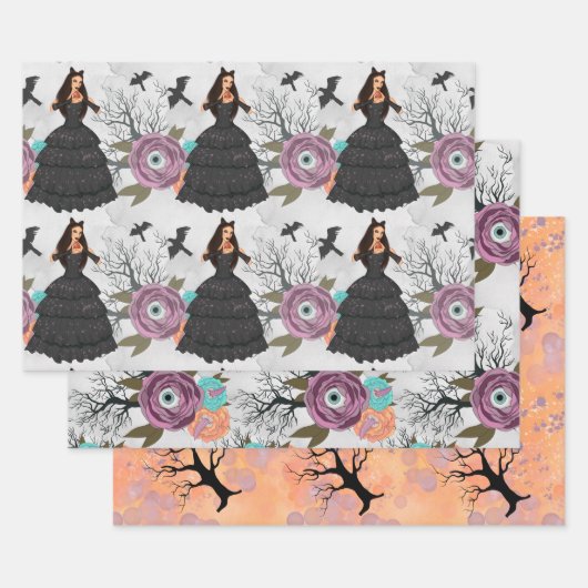 Victoriaans heks gotische bloemen Halloween Inpakpapier Vel (Set)