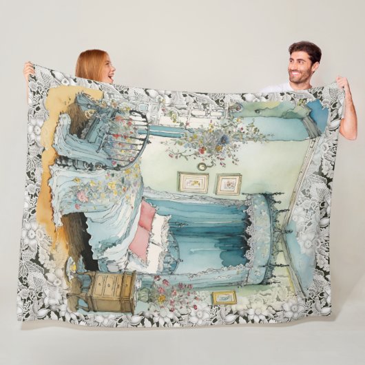  Victoriaans hemelbed op een kanten achtergrond Fleece Deken (In situ)