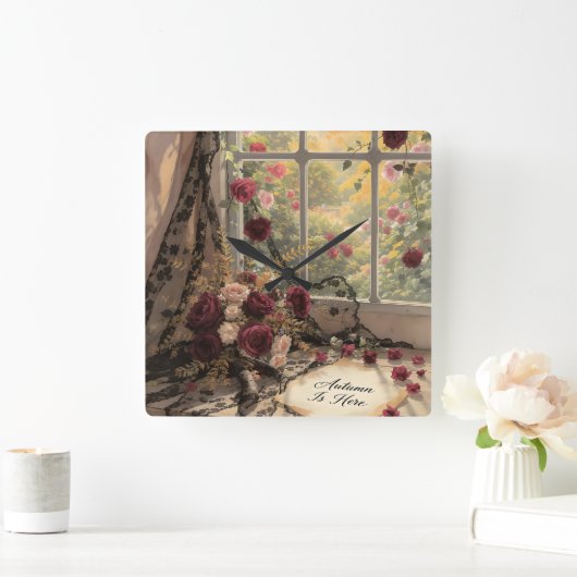 Victoriaans Herfst Raamkant Gordijnen Rozen Art Vierkante Klok (Huis)