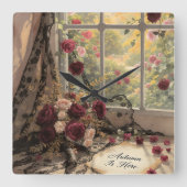 Victoriaans Herfst Raamkant Gordijnen Rozen Art Vierkante Klok (Voorkant)