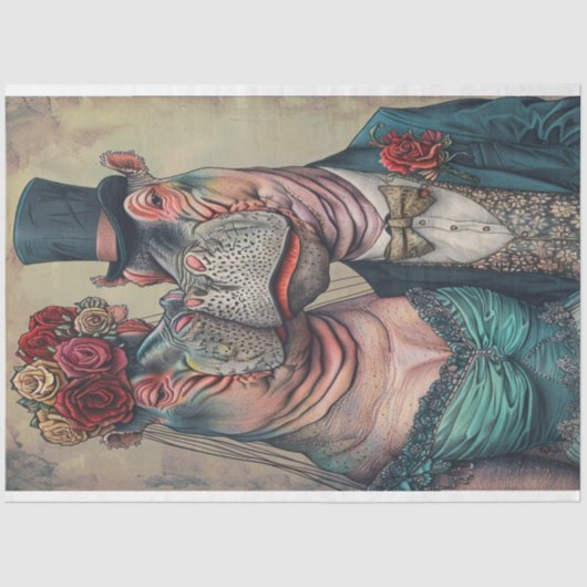 Victoriaans Hippo paar in Blauwgroen kleding Decou Tissuepapier (Voorkant)