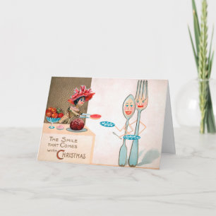  Victoriaans Houten Doll Fork en Lepel Feestdagen Kaart