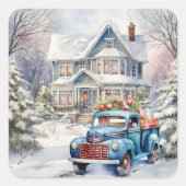 Victoriaans Huis Blauwe Vrachtwagen Kerstcadeaus Vierkante Sticker (Voorkant)