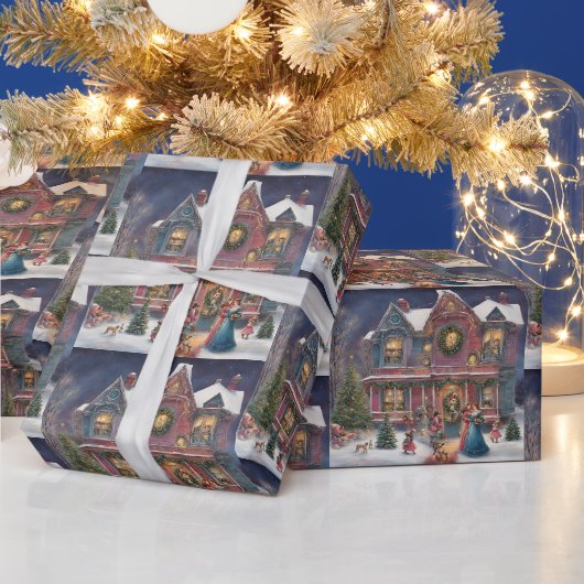 Victoriaans huis, dames, kinderen op kerstavond cadeaupapier (Feestdagen)