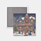 Victoriaans huis, dames, kinderen op kerstavond magneet (Voorkant / Achterkant)