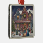 Victoriaans huis, dames, kinderen op kerstavond metalen ornament (Rechts)