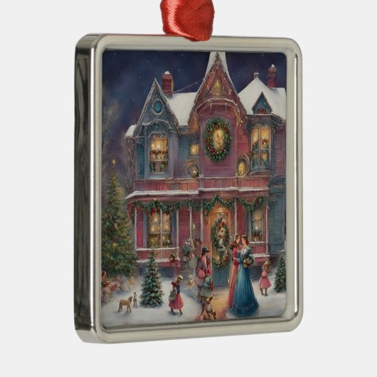 Victoriaans huis, dames, kinderen op kerstavond metalen ornament (Rechts)