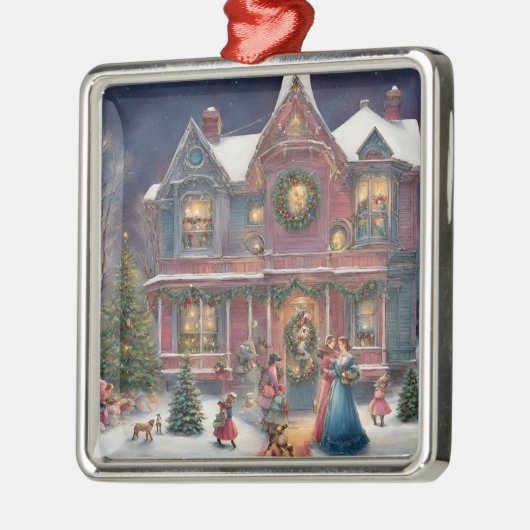 Victoriaans huis, dames, kinderen op kerstavond metalen ornament (Links)
