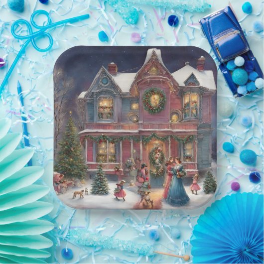 Victoriaans huis, dames, kinderen op kerstavond papieren bordje (Feest)