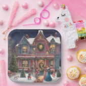 Victoriaans huis, dames, kinderen op kerstavond papieren bordje (Feest)