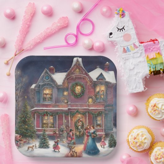 Victoriaans huis, dames, kinderen op kerstavond papieren bordje (Feest)