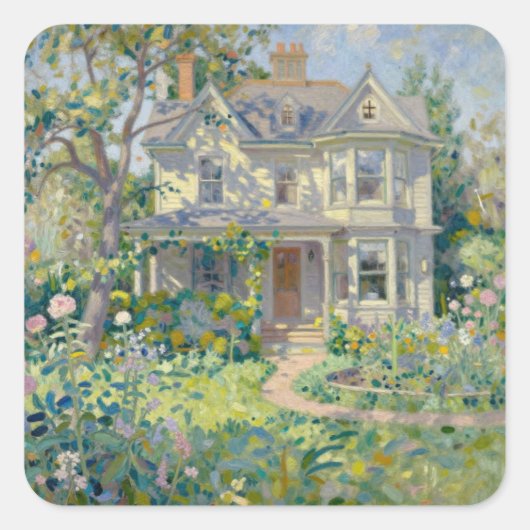 Victoriaans Huis En Tuin Impressionisme Vierkante Sticker (Voorkant)