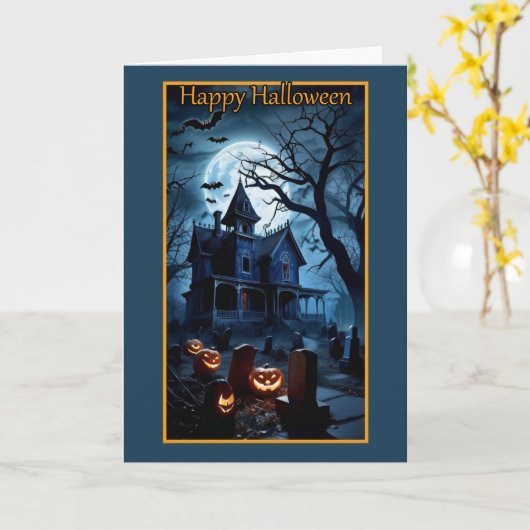 Victoriaans Huis Halloween Kaart (Gele Bloem)