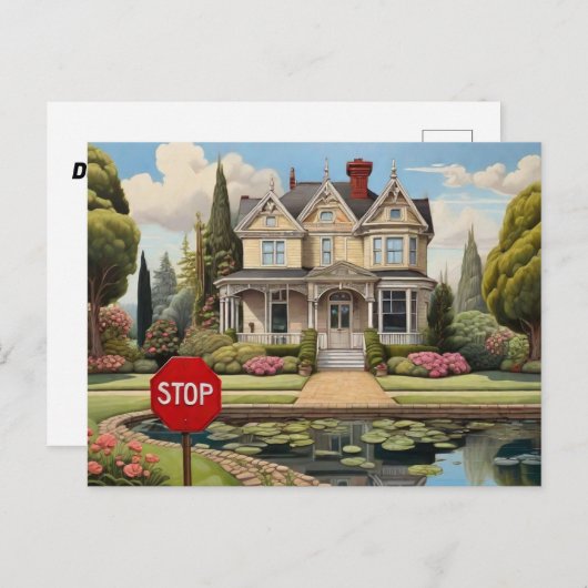 Victoriaans huis met halte teken door het briefkaart (Voorkant / Achterkant)
