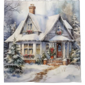 Victoriaans huis winterscène sneeuw douchegordijn (Voorkant)