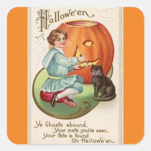 Victoriaans jongen Carving Pumpkin Halloween Vierkante Sticker (Voorkant)