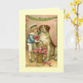 Victoriaans Jongen/Hond Verjaardag Wenskaart Kaart (Gele Bloem)