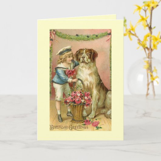  Victoriaans Jongen/Hond Verjaardag Wenskaart Kaart (Gele Bloem)