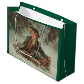 Victoriaans jongen op een slee groot cadeauzakje (Voorkant Gekanteld)