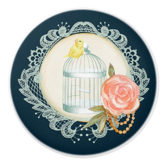 Victoriaans Kant Rozen Gouden Vogelkooi Canary Kno Keramische Knop (Voorkant)